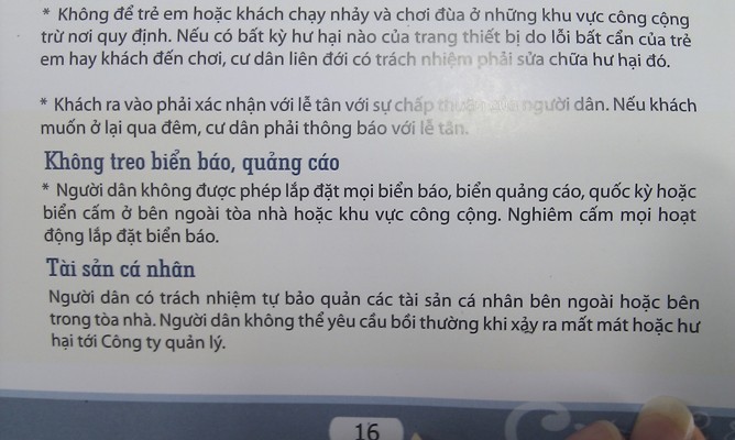 Trong sổ tay cư dân do Keangnam Vina phát hành có "lệnh" cấm cư dân treo quốc kỳ.